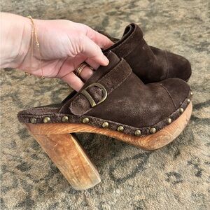 Dior Dark Brown Suede Mules with Wooden Heel